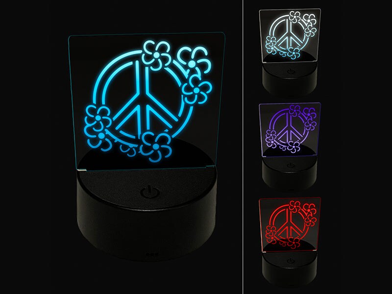 Peace Sign Surrounded by Flowers 3D Illusion LED Night Light Sign Nightstand Desk Lamp