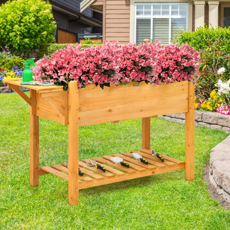 Natural Fir Wood Raised Garden Bed 47 Inch with Side and Bottom Shelves