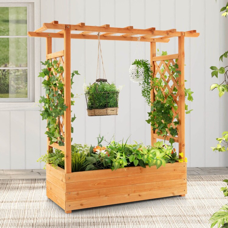 Raised Garden Bed with Trellis or Climbing Plant and Pot Hanging-Natural
