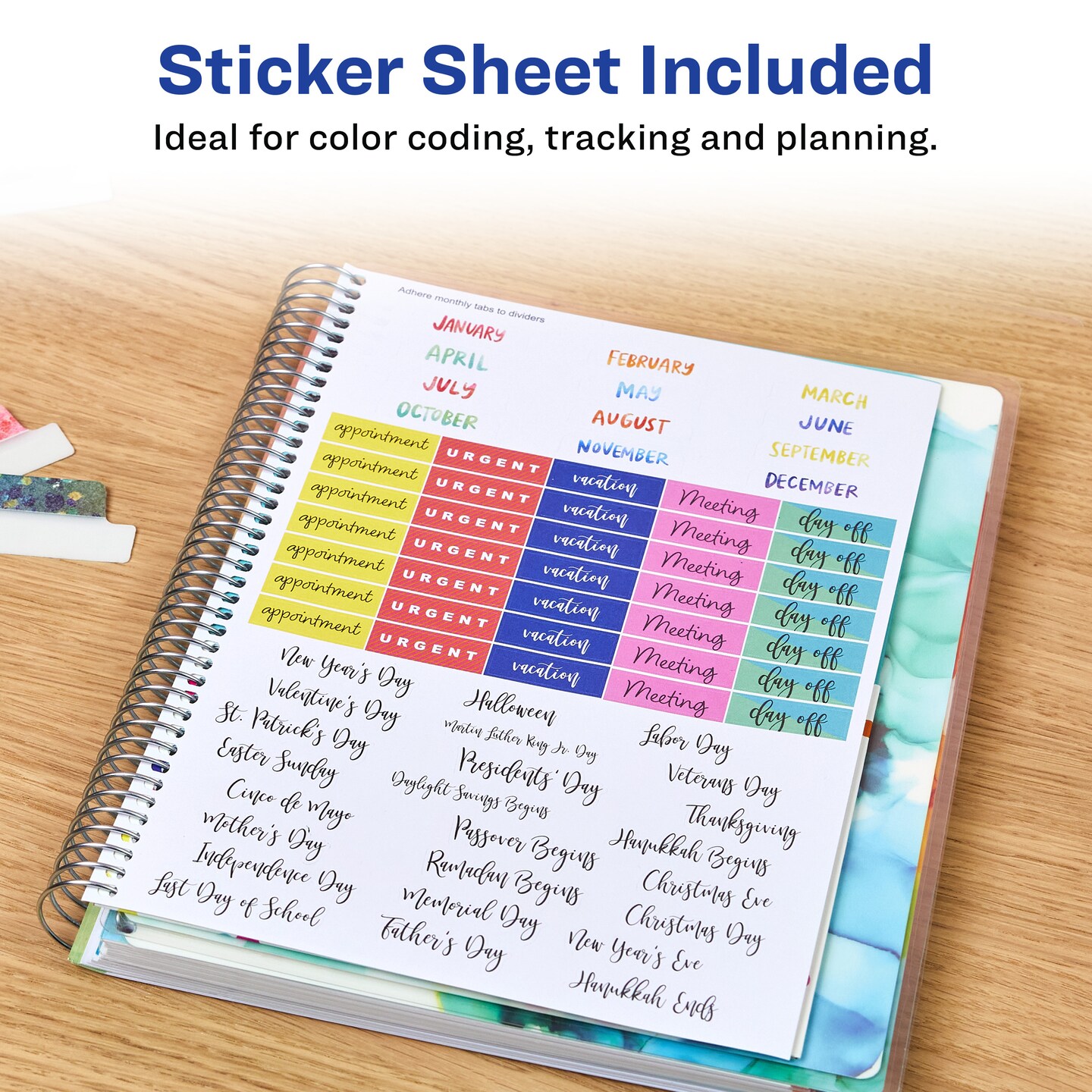 Avery + Amy Tangerine Designer Collection Planner, Undated 12-Month Planner with Stickers, 8.25&#x22; x 9.75&#x22;, Watercolor Inkblot Design (29881)