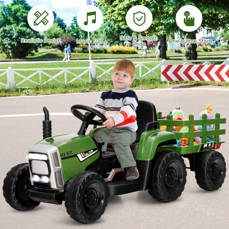 Iron Ride-On Tractor with Trailer, Music and Safety for Kids