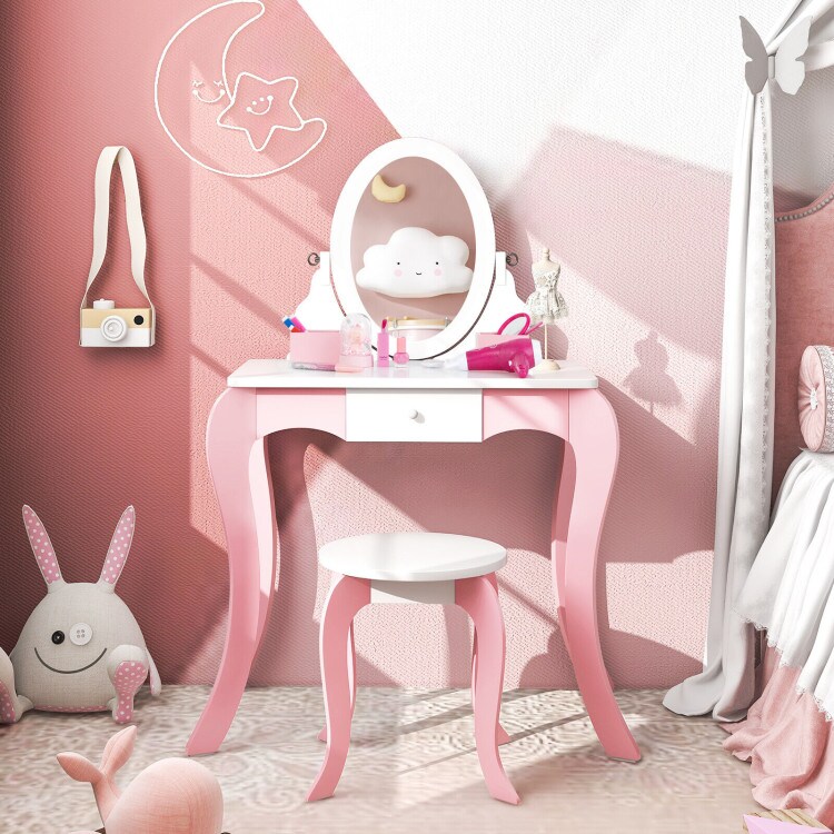 Pretend Kids Vanity Set Makeup Dressing Table with 360&#xB0; Rotatable Mirror
