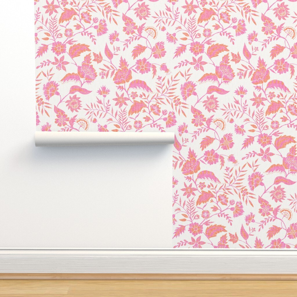Boho Floral Modern Chintz Garden Vine Cottagecore Pink Coral Custom Pre-pasted Wallpaper by Spoonflower Pre-Pasted Wallpaper 2FT Wide