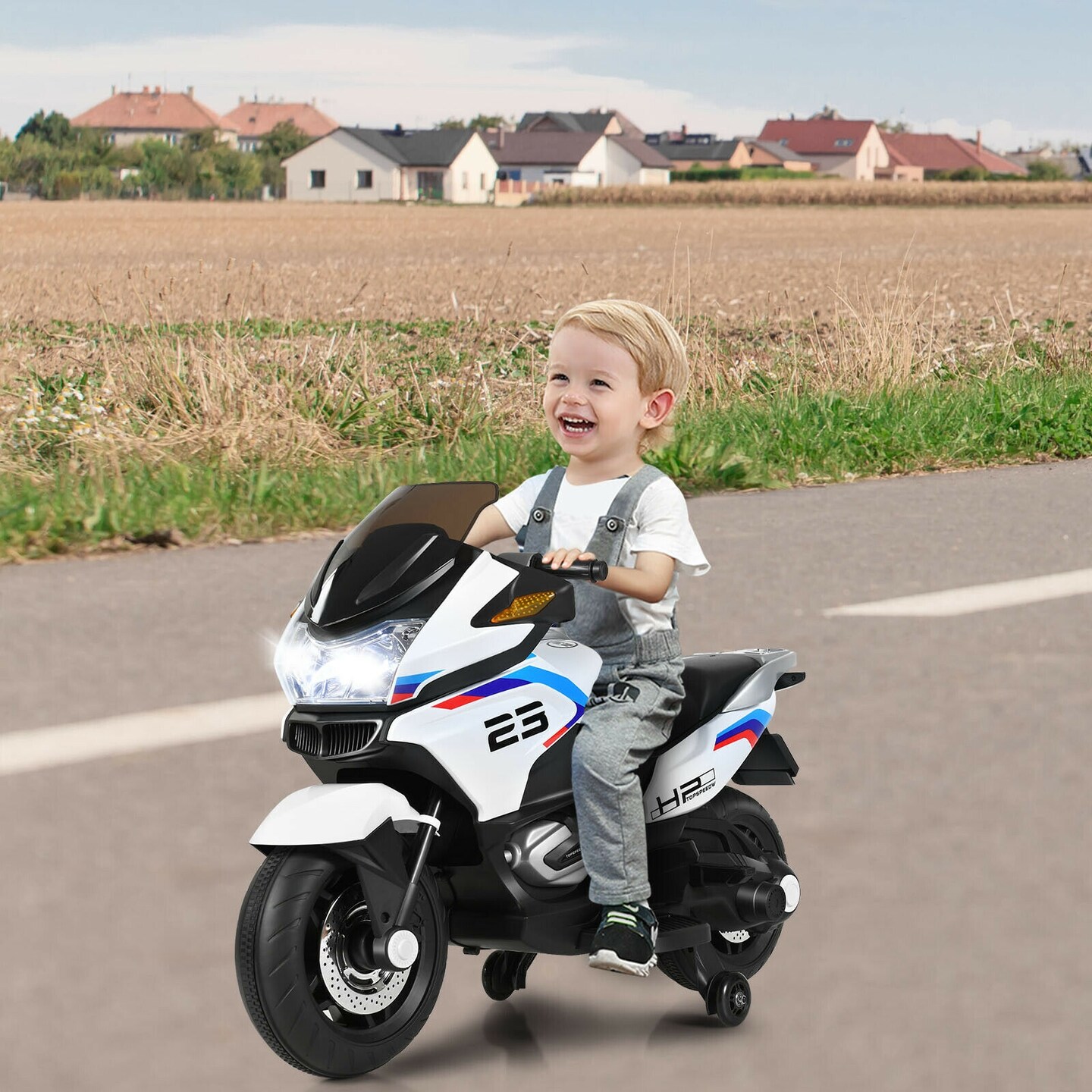 Iron Kids Ride-On Motorcycle with LED, Music and Training Wheels