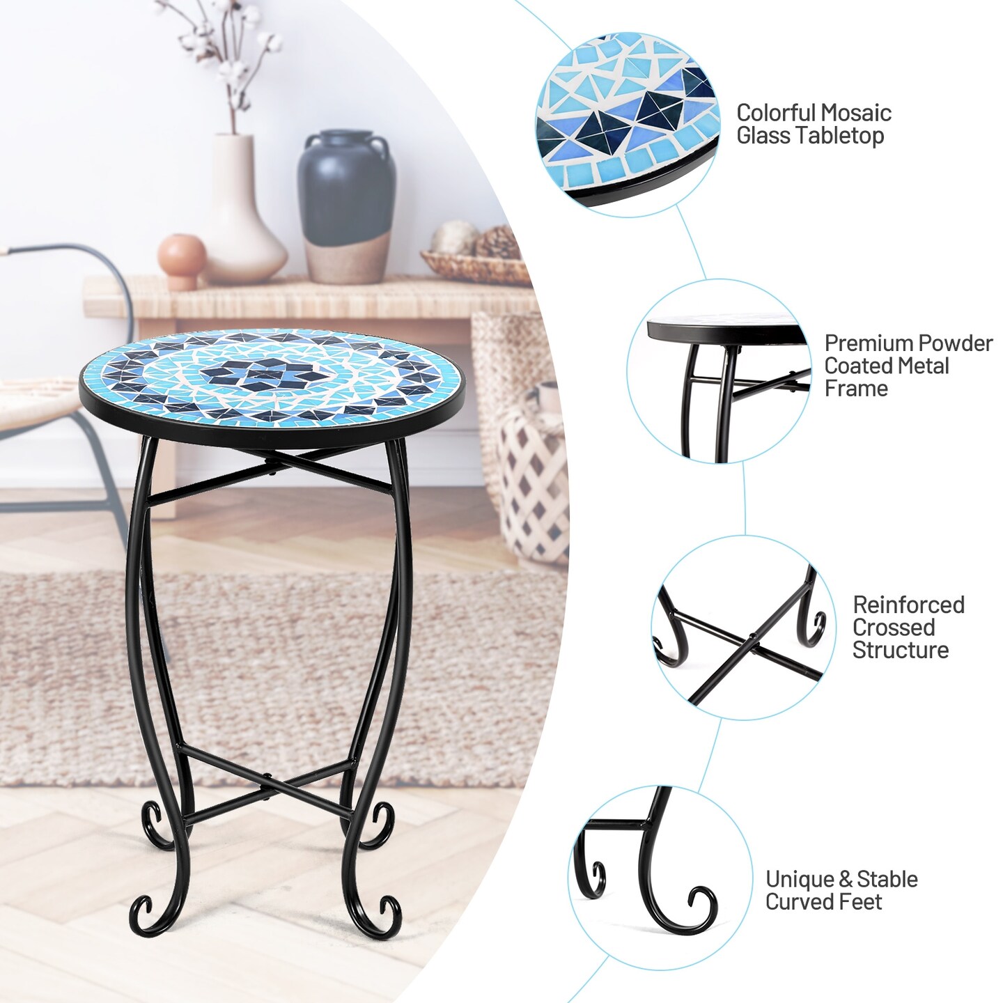 Steel Mosaic Round Accent Table for Patio Lawn Garden