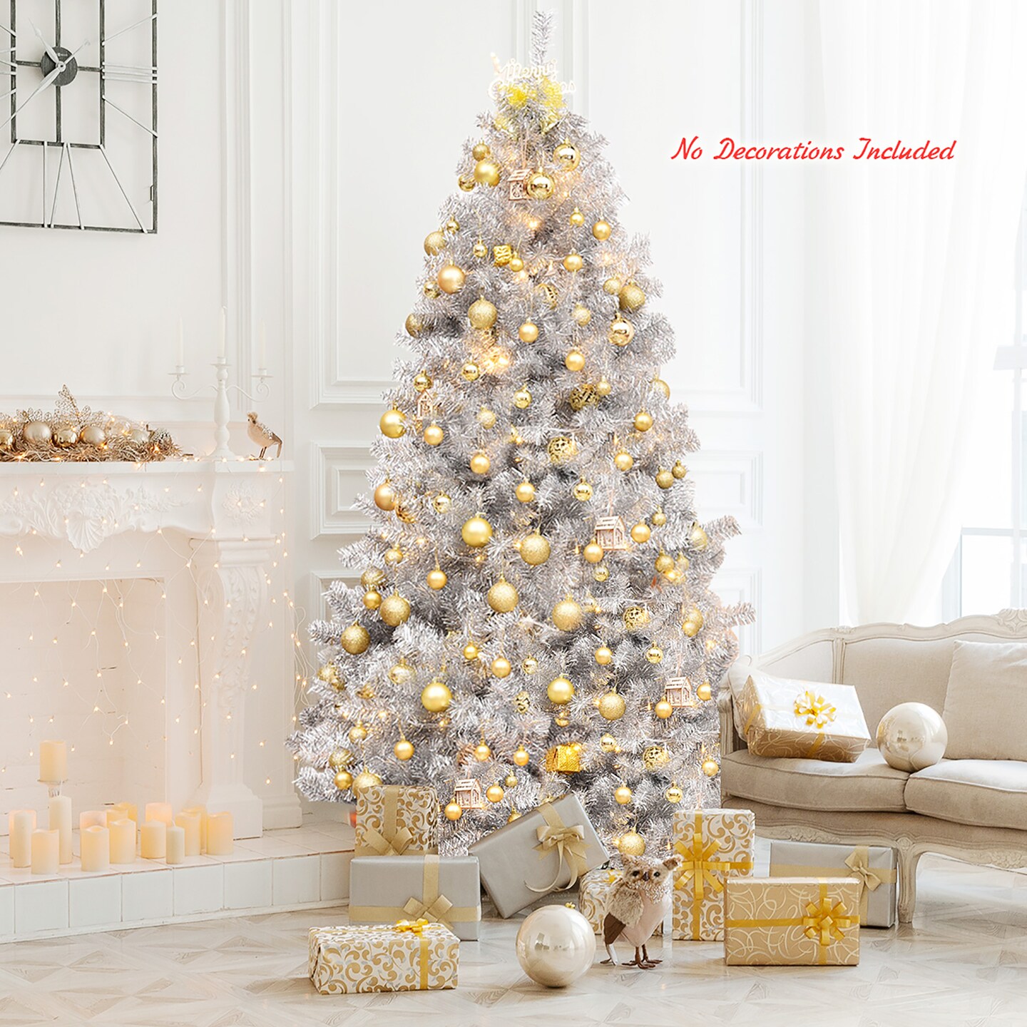 Costway 7.5Ft Hinged Unlit Artificial Tinsel Christmas Tree Holiday,Silver ,Gold