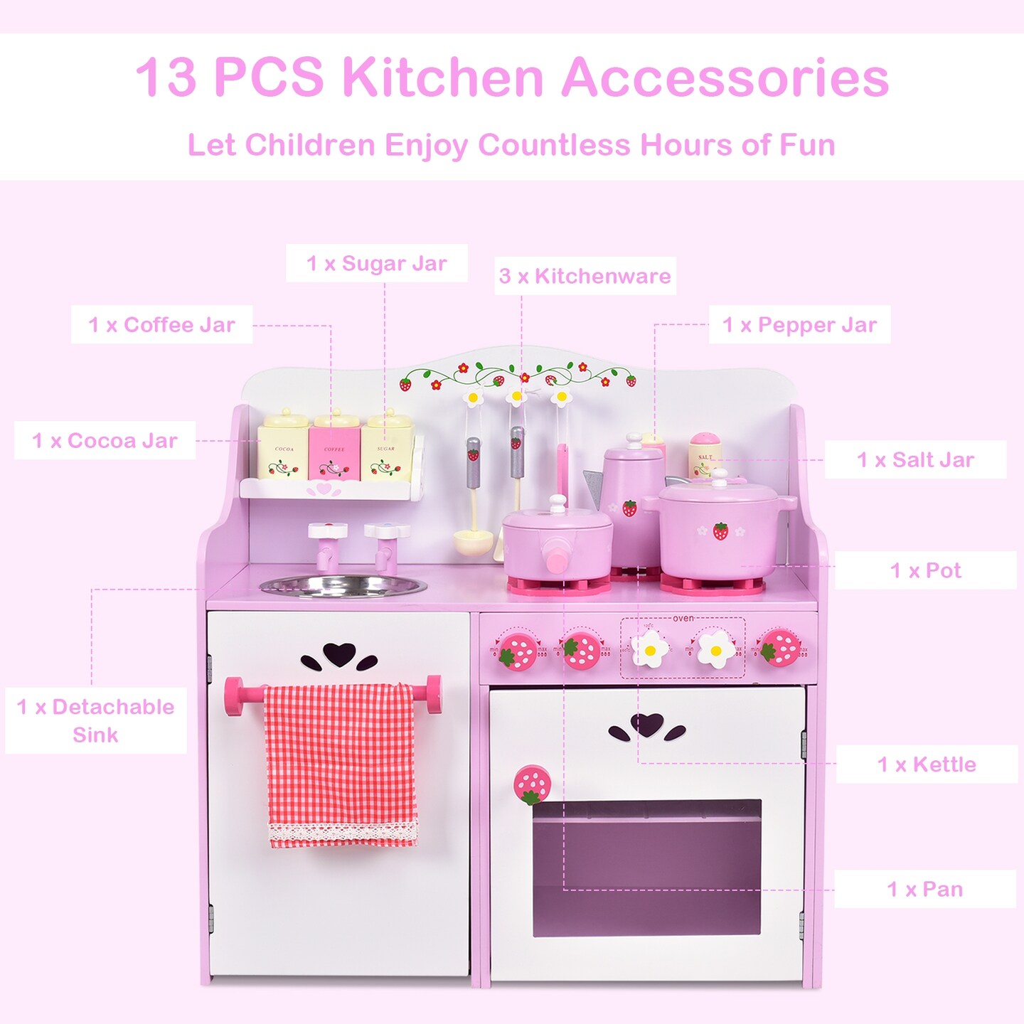 Pink -White Wooden Kids Kitchen Play-set Strawberry Cooking Toy
