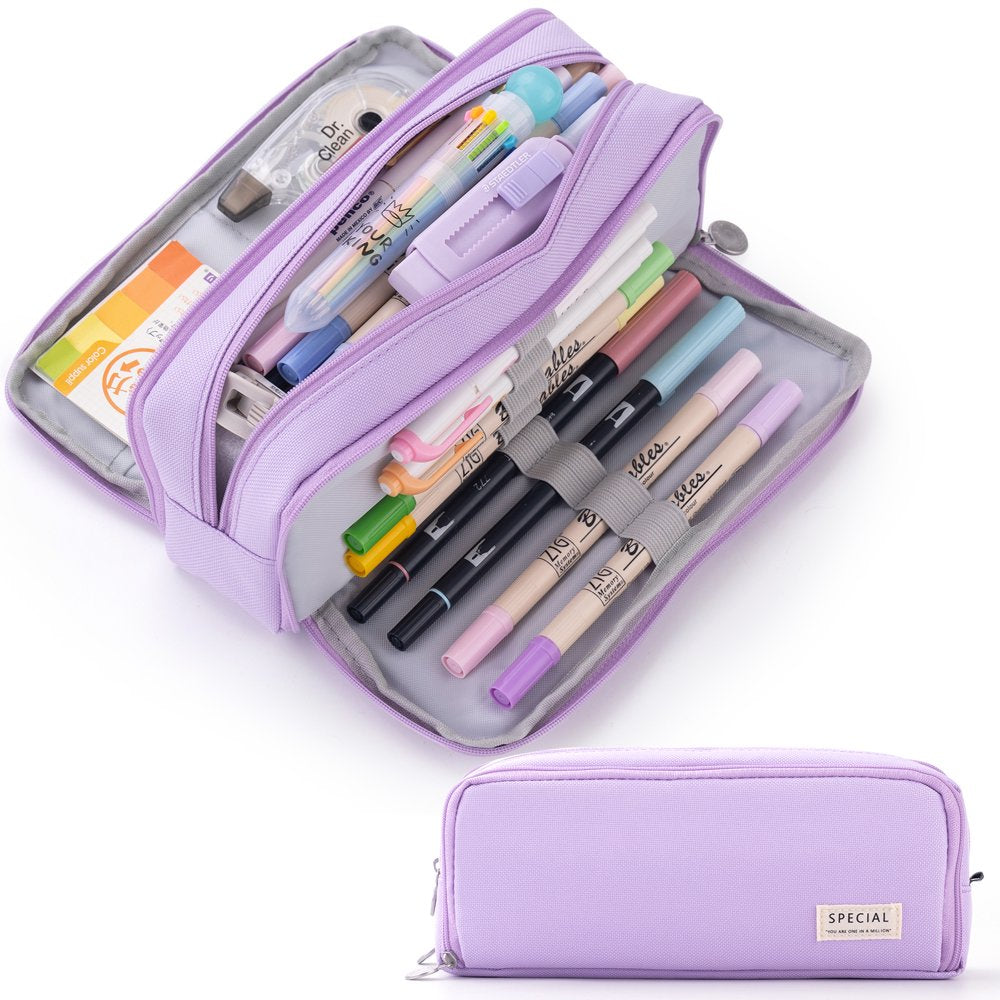 Large Capacity Zipper Pencil Case Pouch with 3 Compartments