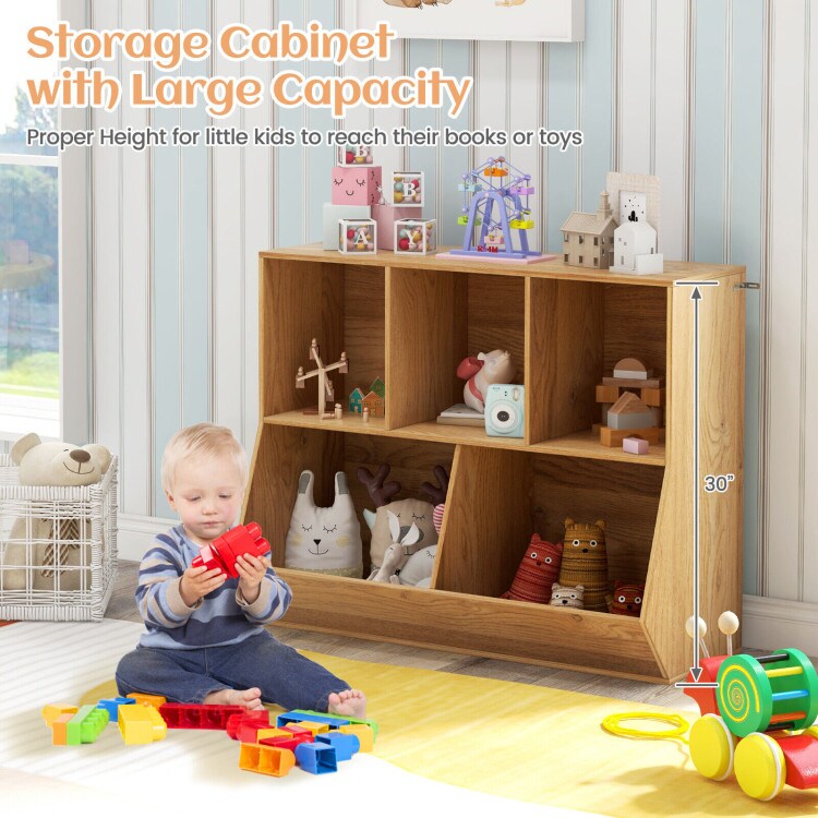 5-Cube Wooden Kids Bookshelf Organizer with 3 Upper Cubes for Books and 2 Large Cubes for Toys
