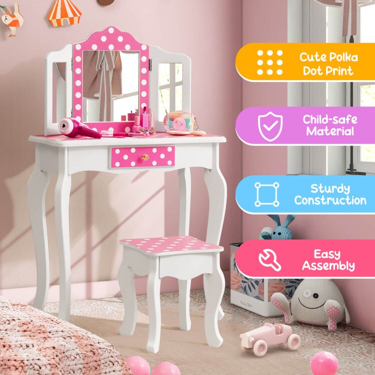 Kids Vanity Table and Stool Set with Cute Polka Dot Print-Pink