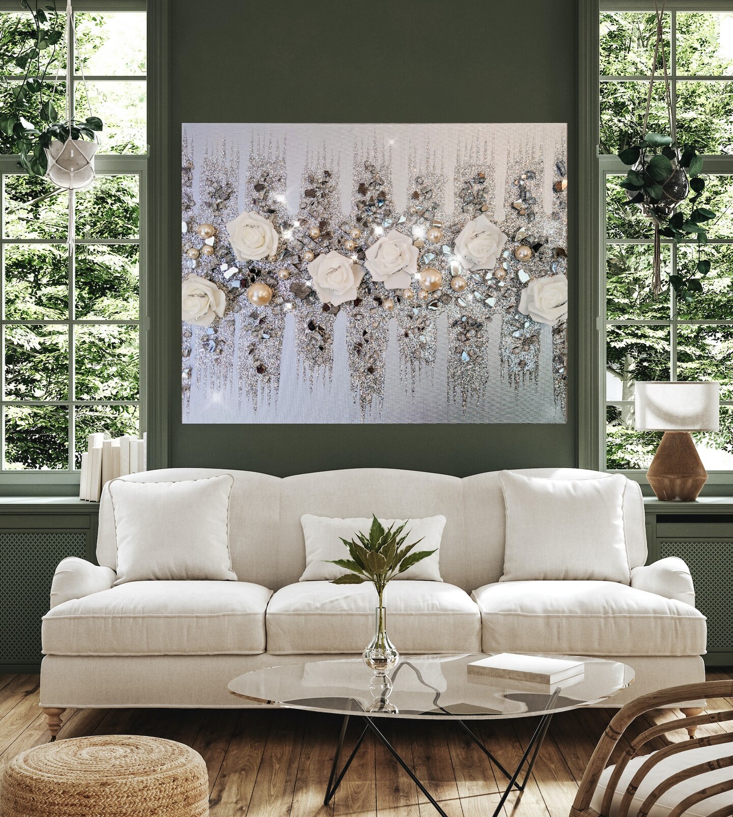 White Roses outlets Glitter & Glass Glam Painting