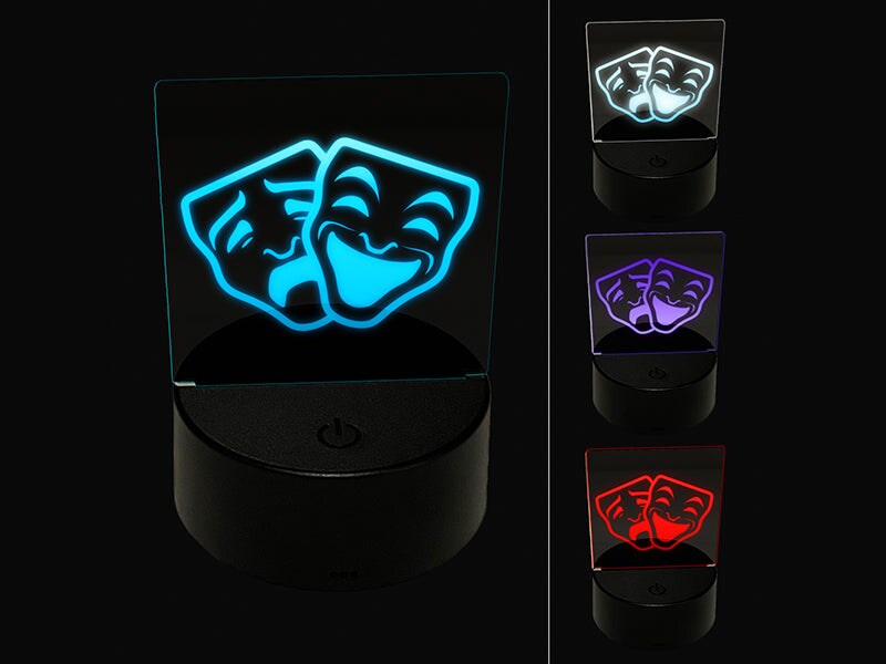 Drama Tragedy Comedy Masks Theater 3D Illusion LED Night Light Sign Nightstand Desk Lamp