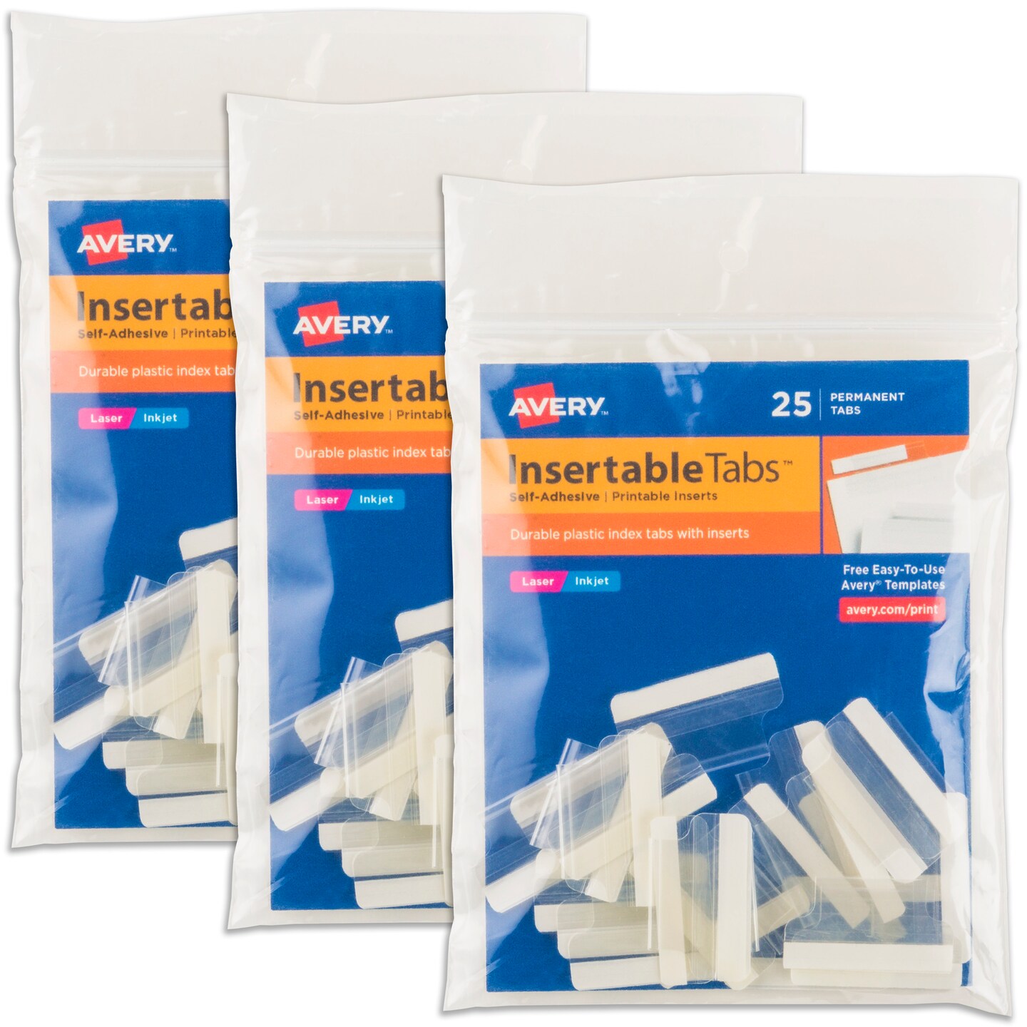 Avery Self-Adhesive Index Tabs with Printable Inserts, 1 Inch, 25 Tabs Per Pack, 3 Packs, 75 Tabs Total (16221)
