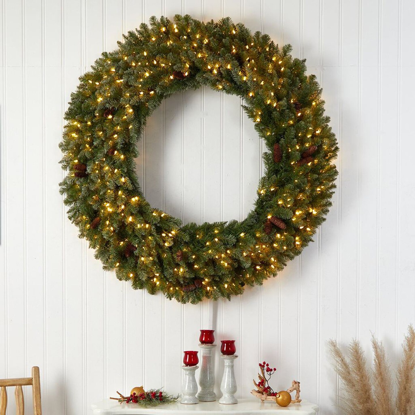 Nearly Natural 5&#x27;D Flocked Artificial Christmas Wreath with Pinecones, 300 Clear LED Lights and 680 Bendable Branches