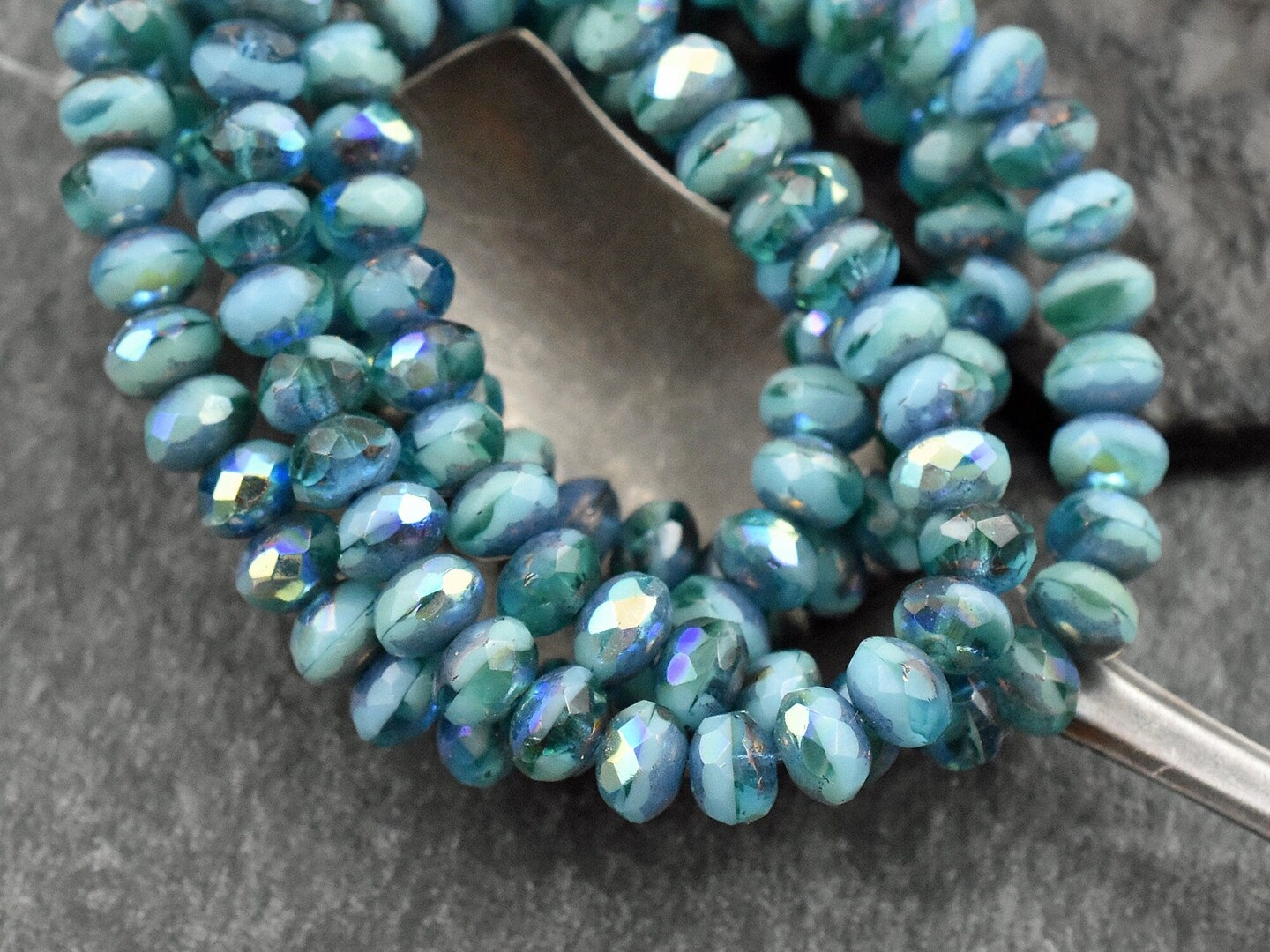 *30* 3x5mm Bronze Washed Blended Pacific Blue Turquoise AB Fire Polished Rondelle Beads