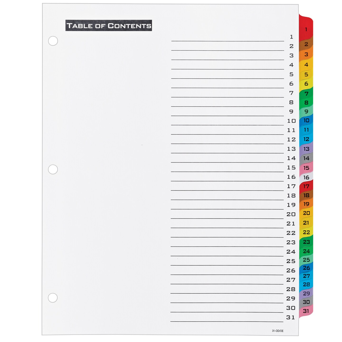 Office Essentials 1-31 Tab Table &#x27;n Tabs Dividers for 3 Ring Binders, Printable Table of Contents, Multicolor Tabs, 3 Sets (21892)