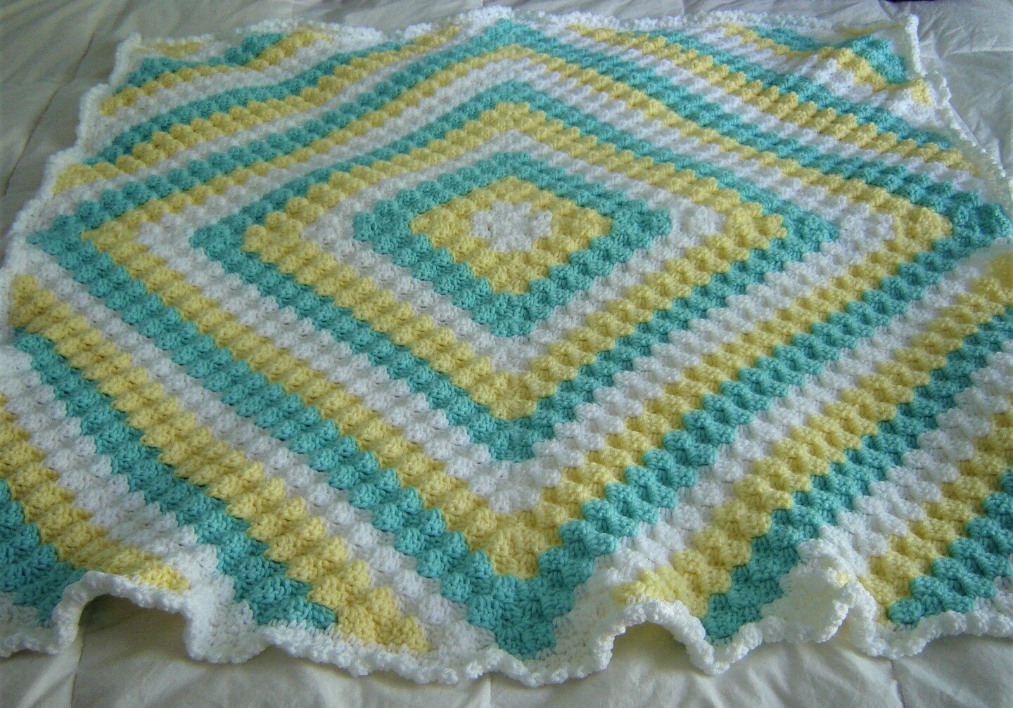 Crochet Baby Blanket Afghan in Teal Yellow and White Gender