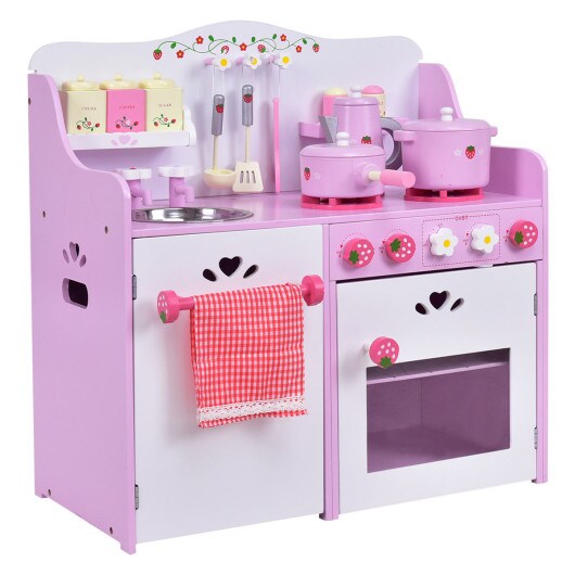 Pink -White Wooden Kids Kitchen Play-set Strawberry Cooking Toy