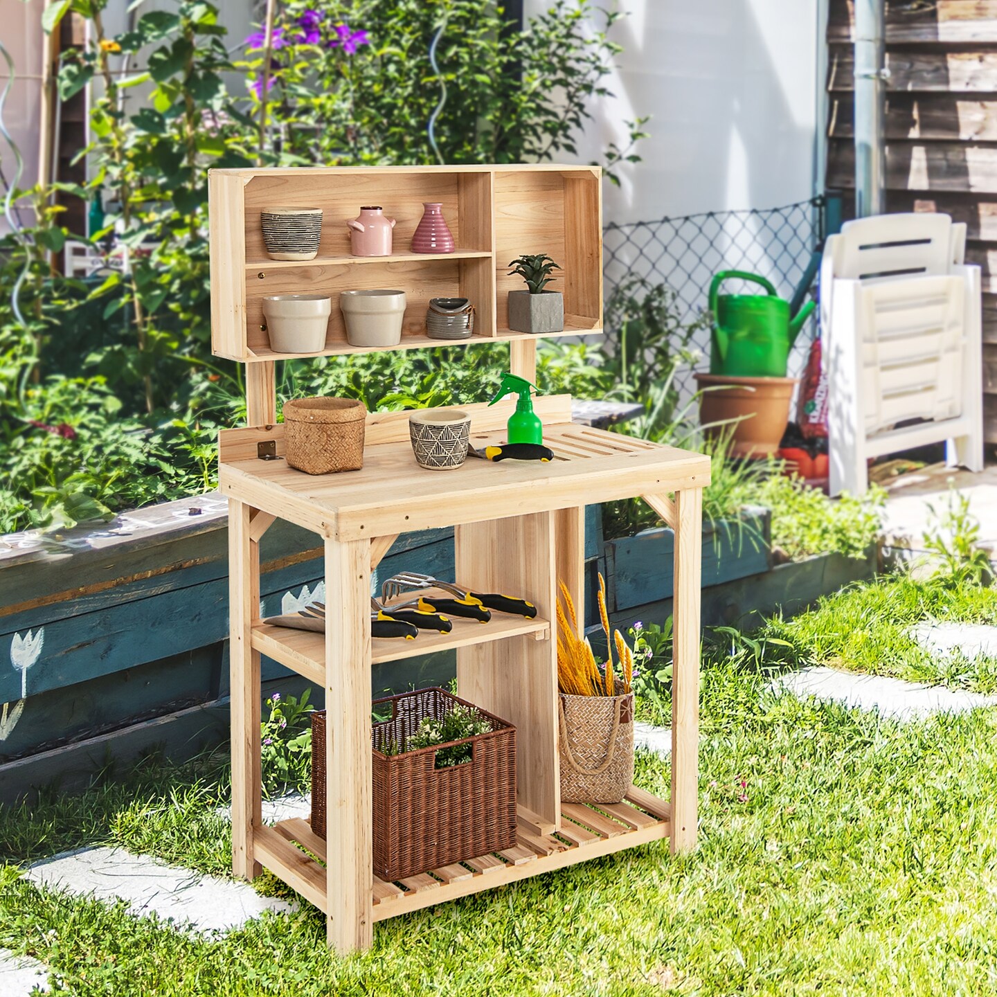 3 Tier Wooden Vertical Raised Garden Bed with Storage Shelf