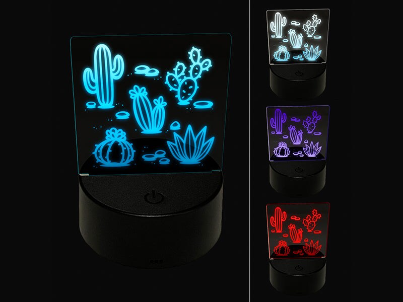 Cactuses Succulent and Stones 3D Illusion LED Night Light Sign Nightstand Desk Lamp