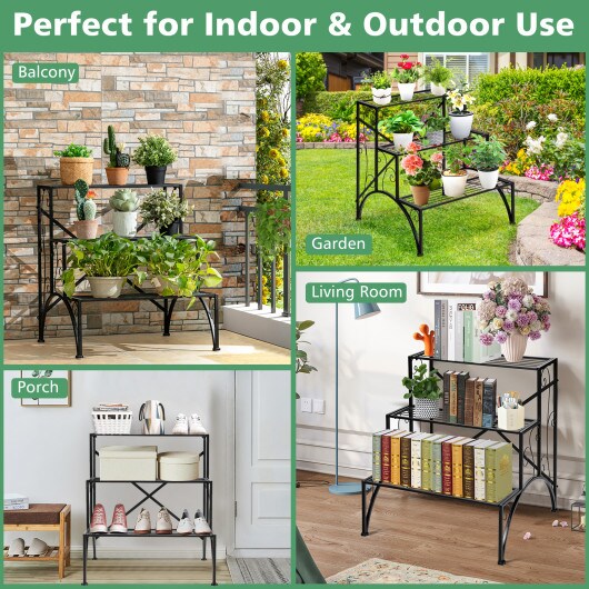 Black 3-Tier Iron Plant Stand Ladder Shelves for Indoor Outdoor Plants