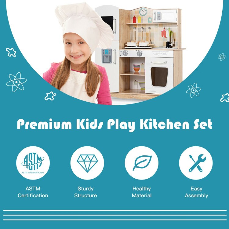 White Natural Kids Kitchen Playset with Stove Oven Sink and Cooking Accessories