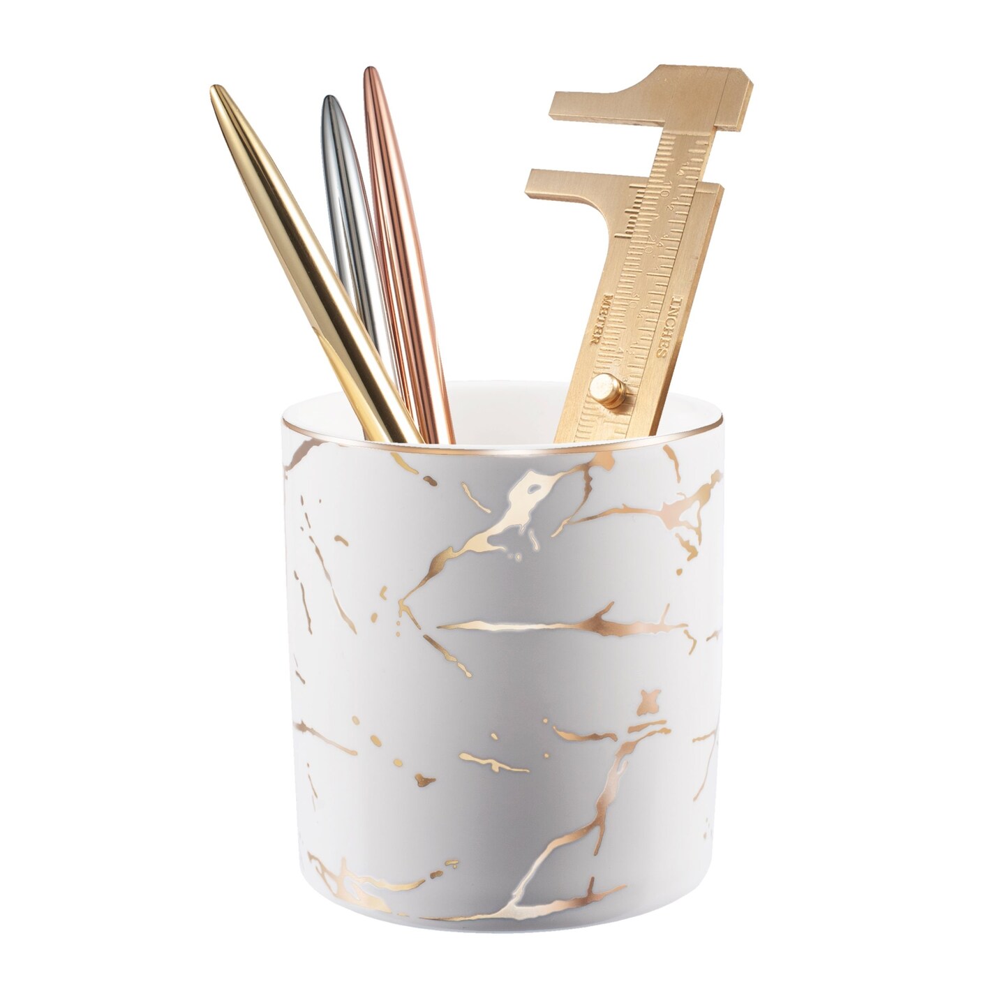 Zodaca Pen Holder, Ceramic Marble Pencil Cup Desk Organizer Makeup Brushes Holder with Gold Accent, White Golden