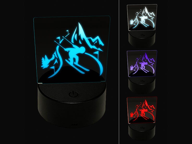 Skier Skiing Down Mountain Slopes 3D Illusion LED Night Light Sign Nightstand Desk Lamp
