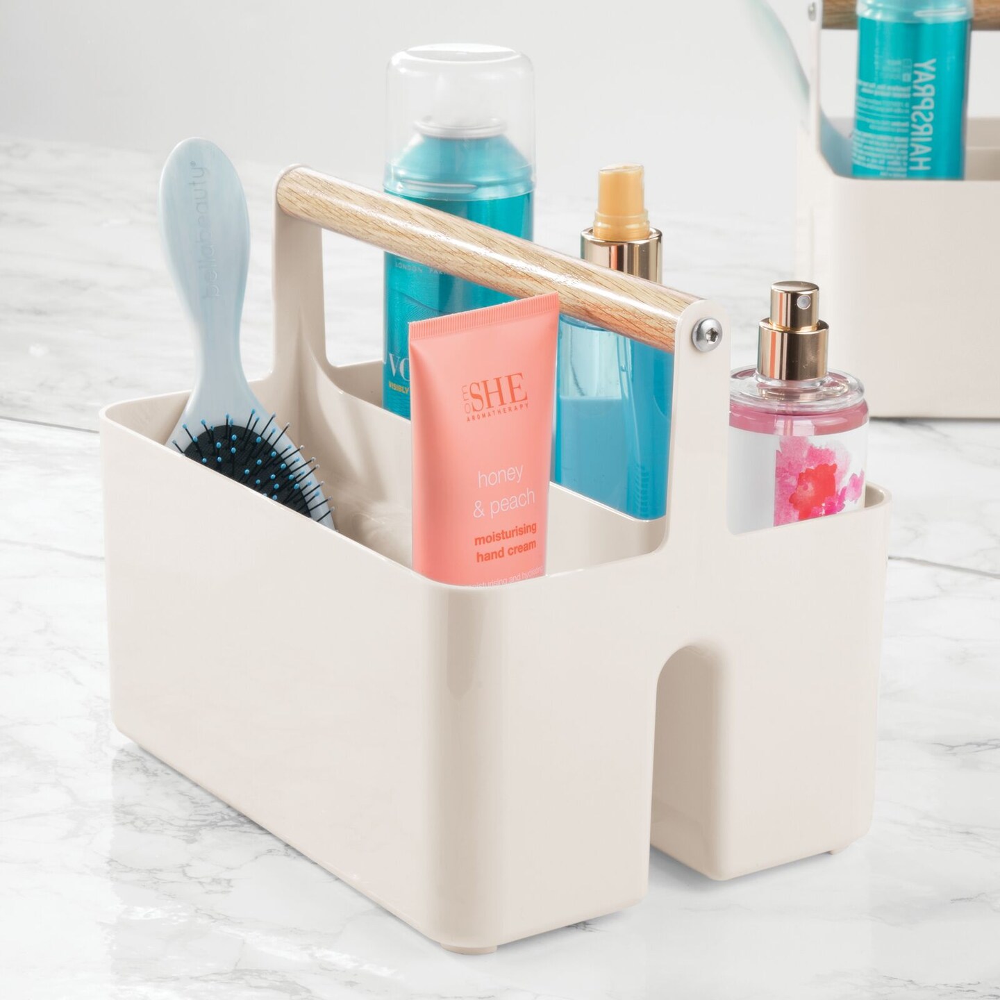 mDesign Plastic Tote, Divided Basket Bin with Wood Handle, Color