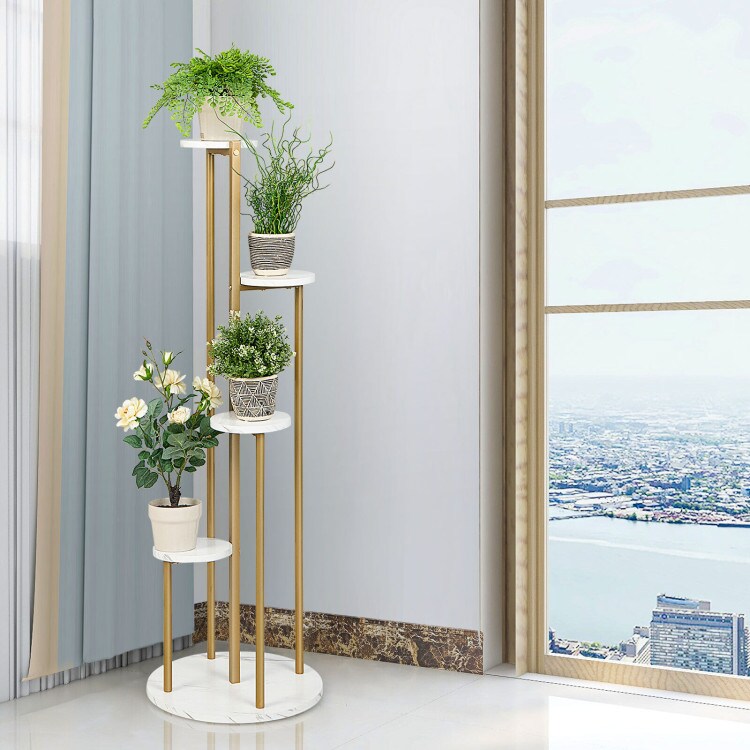 Golden White Multi-Tier Plant Display Stand with 4 Round Shelves MDF Steel