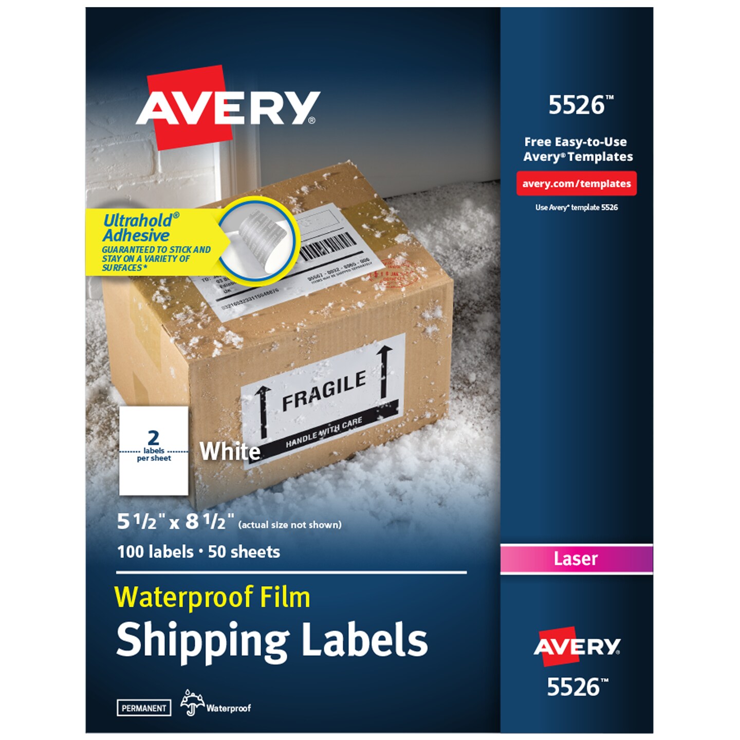 Avery Waterproof Shipping Labels with Ultrahold Permanent Adhesive, 5-1/2&#x22; x 8-1/2&#x22;, 100 Labels for Laser Printers (5526)