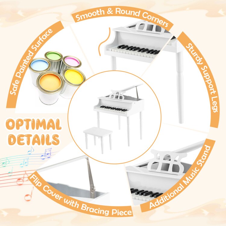 30-Key Wood Toy Kids Grand Piano with Bench and Music Rack