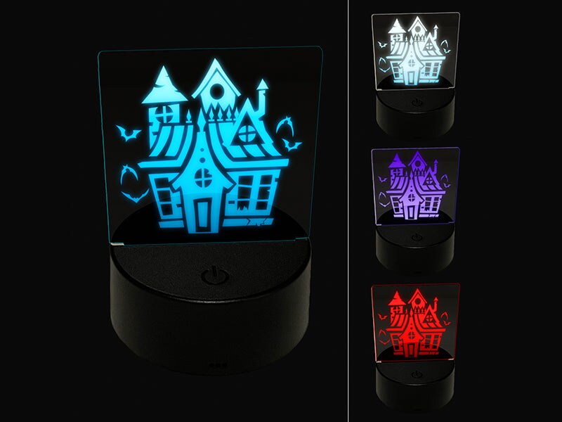 Spooky Scary Haunted House Mansion with Bats Broken Windows 3D Illusion LED Night Light Sign Nightstand Desk Lamp