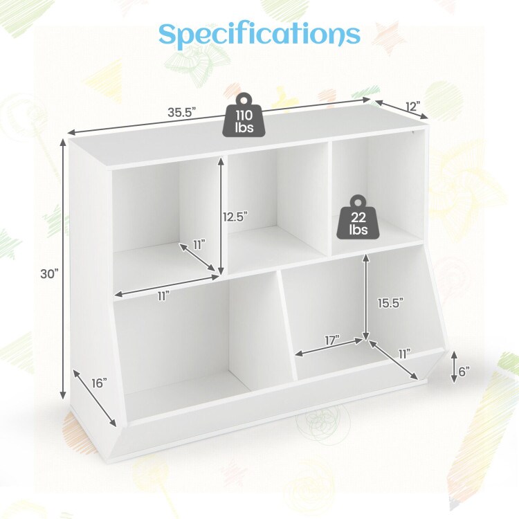 5-Cube Wooden Kids Bookshelf Organizer with 3 Upper Cubes for Books and 2 Large Cubes for Toys