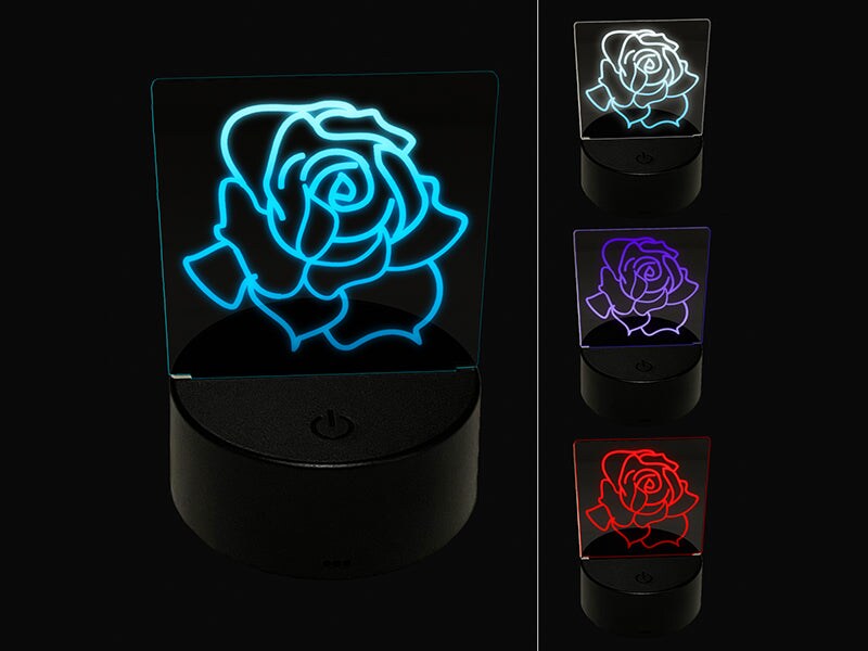 Blooming Open Rose Flower Outline 3D Illusion LED Night Light Sign Nightstand Desk Lamp