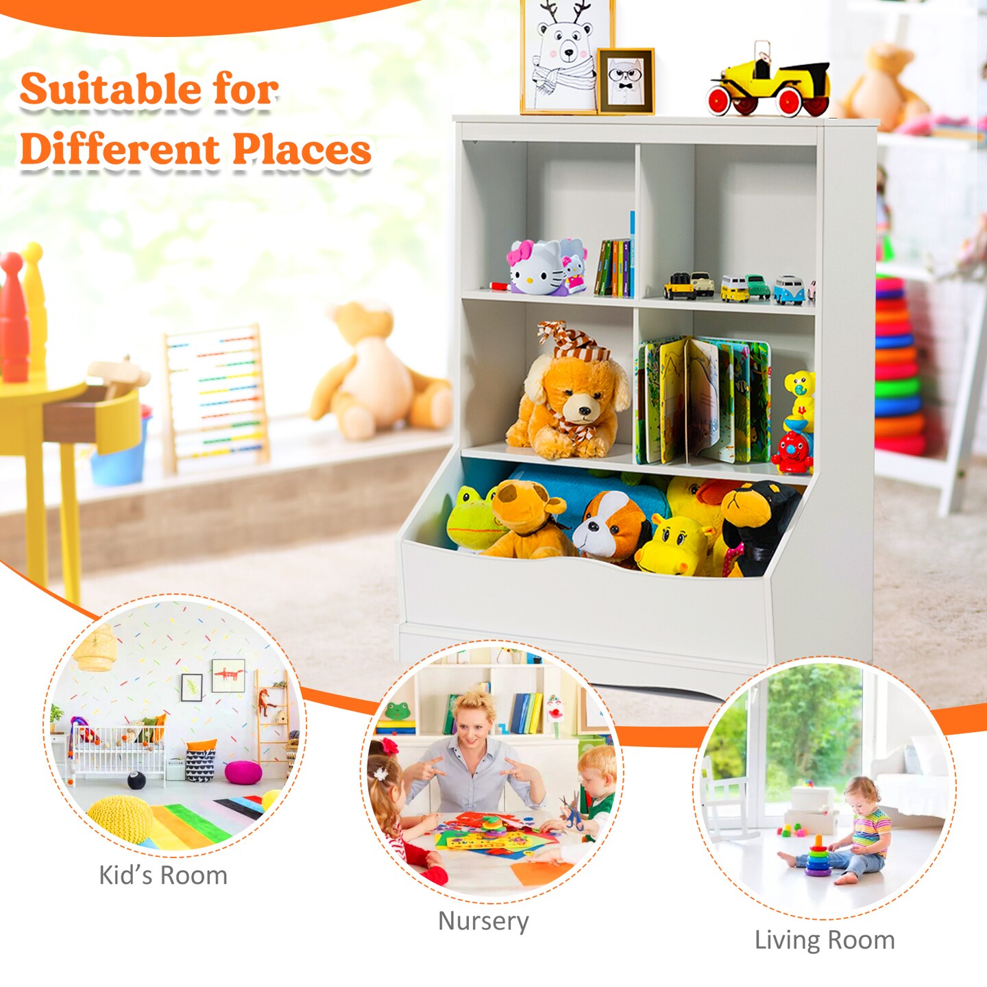 3-Tier Children&#x27;s Multi-Functional Bookcase Toy Storage Bin Floor Cabinet