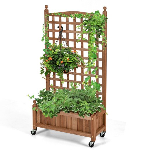 Natural Fir Wood Planter with Climbing Trellis and Wheels 25 Inch Mobile Garden Bed