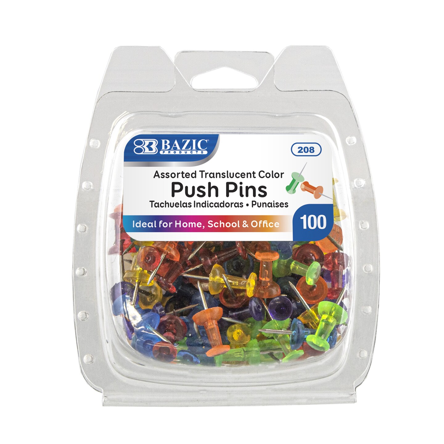 BAZIC Push Pins Assorted Transparent Color (100/Pack)