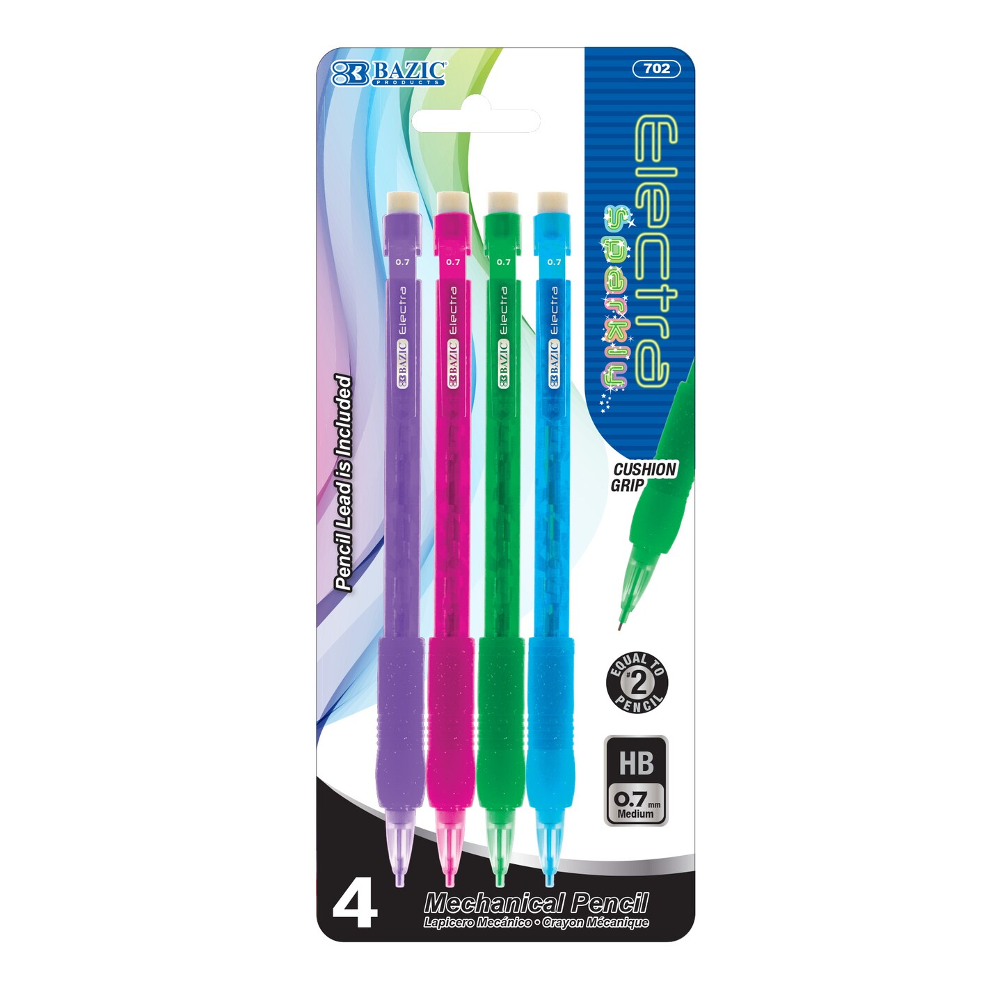 BAZIC 0.7mm Electra Sparkly Mechanical Pencil w/ Glitter Grip (4/Pk)