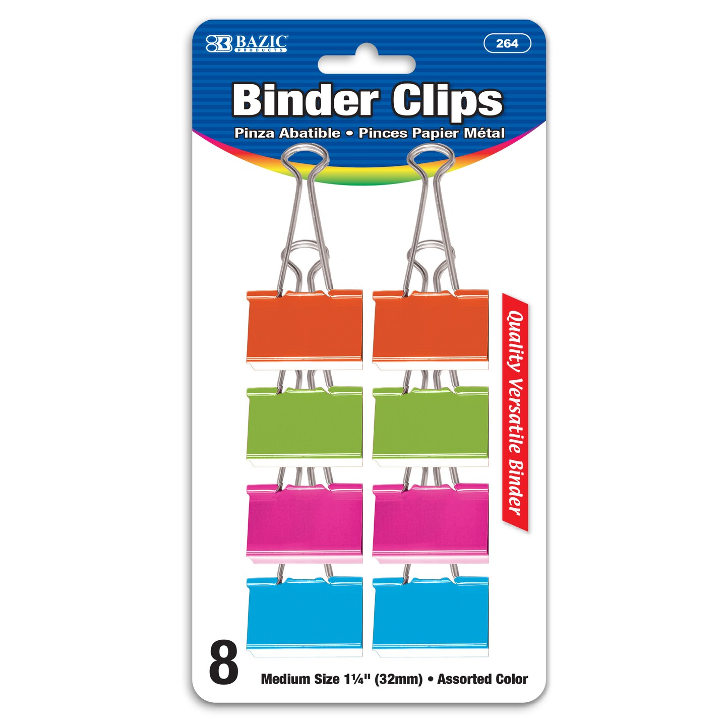 BAZIC Medium 1-1/4 (32mm) Assorted Color Binder Clip (8/Pack)
