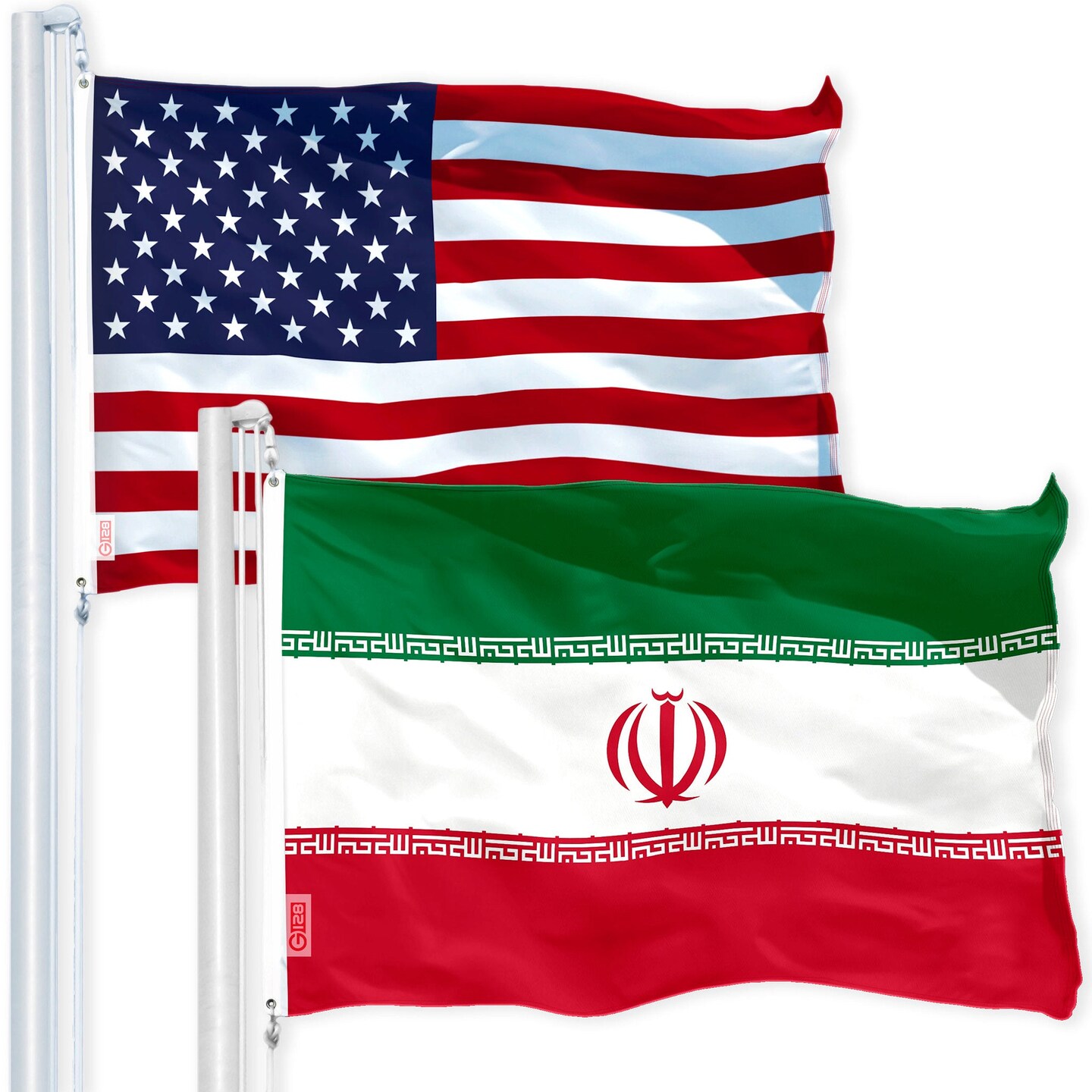 G128 Combo Pack: USA American Flag 3x5 Ft 150D Printed Stars &#x26; Iran (Iranian) Flag 3x5 Ft 150D Printed
