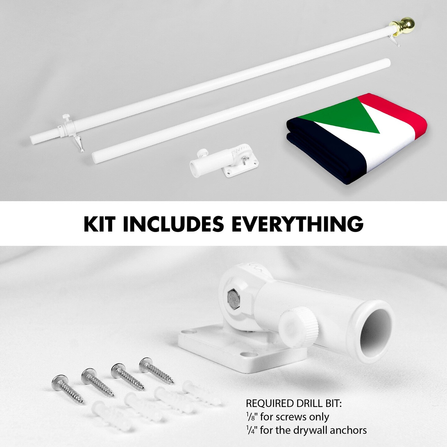 G128 Combo Pack: 6 Ft Tangle Free Aluminum Spinning Flagpole (White) &#x26; Sudan Sudanese Flag 3x5 Ft, LiteWeave Pro Series Printed 150D Polyester | Pole with Flag Included