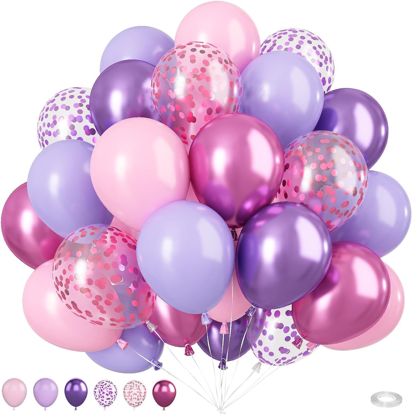 Pink and Purple Balloons, 50PCS 12 Inch Purple Pink Confetti Balloons, Metallic Purple Pink Latex Balloons with Ribbon, Party Balloons for Girls Birthday Baby Shower Wedding Party Decorations