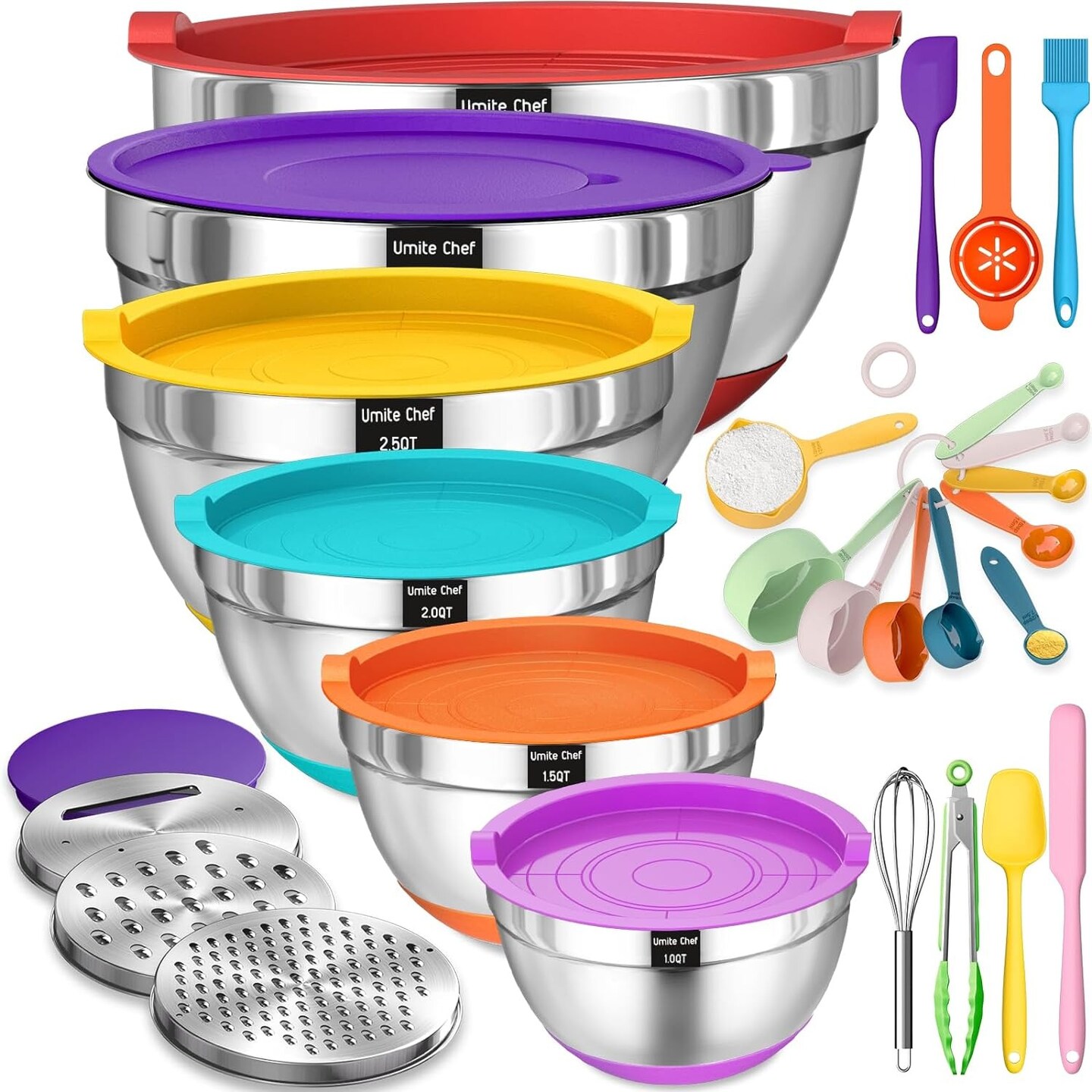 Colorful Stainless Steel Mixing Bowls with Airtight Lids 26 Pieces