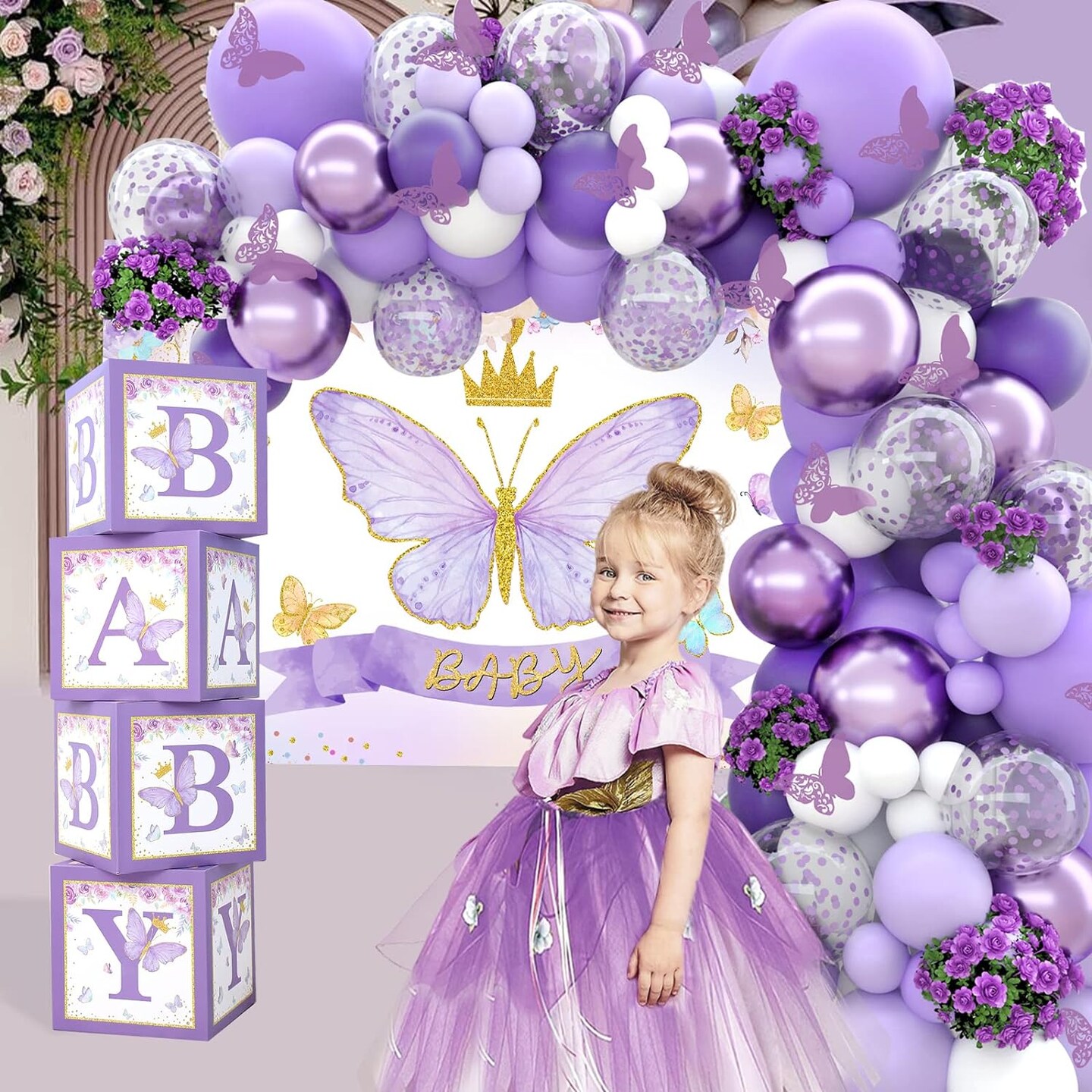 Purple Butterfly Baby Shower Decorations for Girl&#xFF0C;Purple Balloon Garland Arch Kit&#xFF0C;Purple Butterfly Baby Boxes and Butterfly Backdrop Kit for Baby Shower Butterfly Birthday Lavender Party Decorations