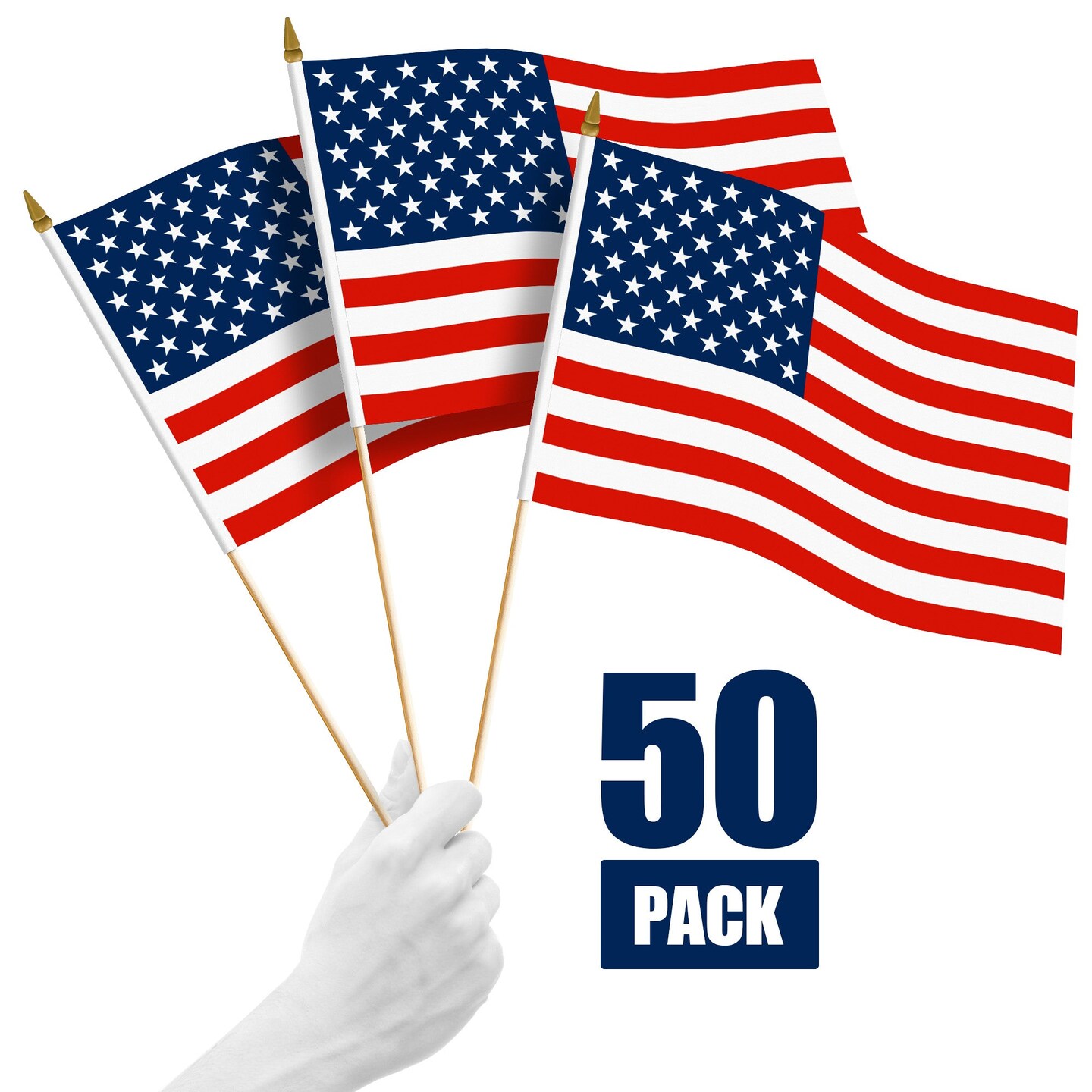 G128 50 Pack Handheld American USA Stick Flags | 12x18 In | Printed 150D Polyester, Country Flag, Solid Wooden Stick, Spear Gold Tip, Great for Patriotic Decorations