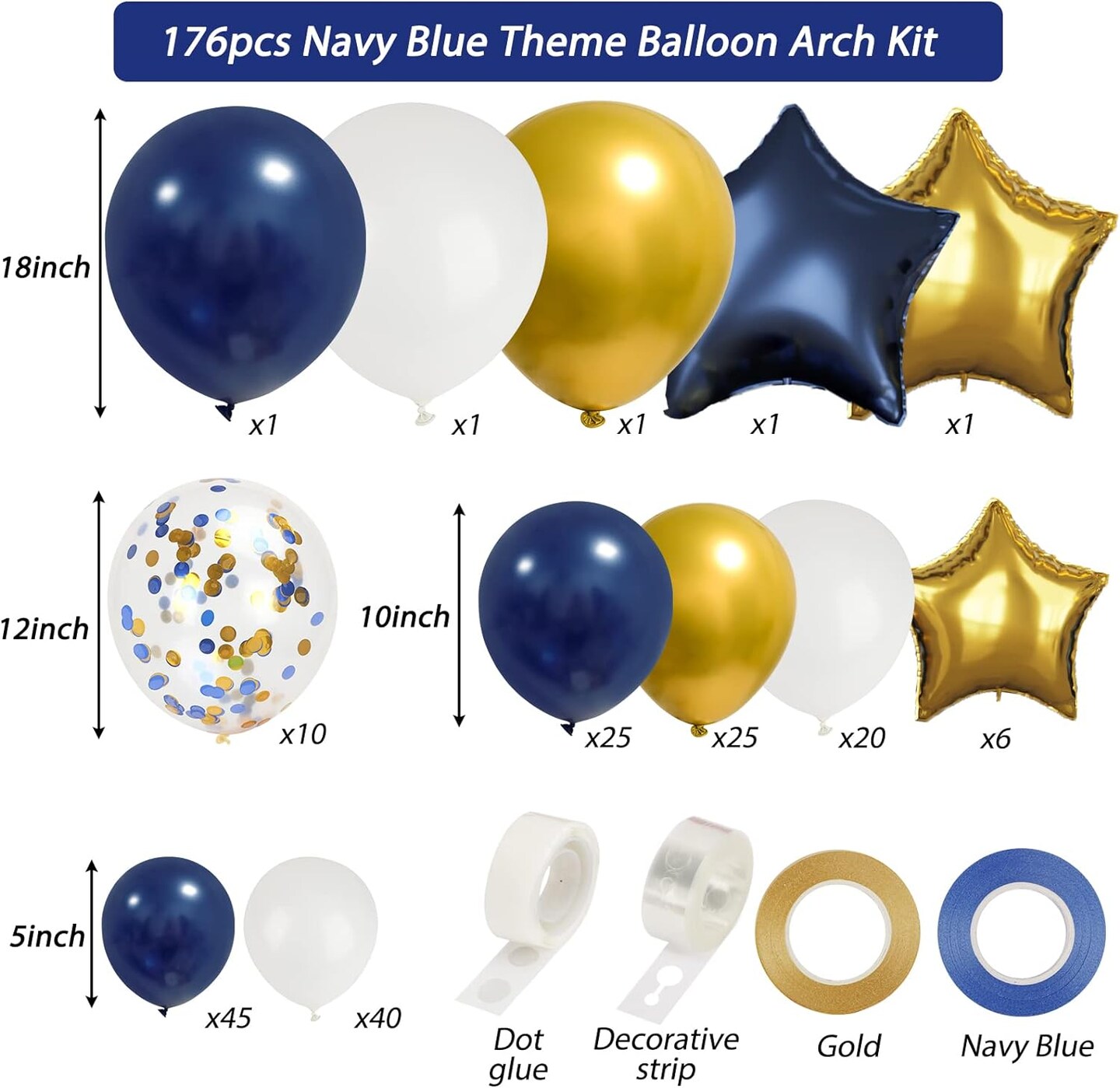 176pcs Navy Blue Gold Balloons Arch Kit, Navy Blue Balloon Garland Metallic Gold White Confetti Balloon Foil Balloons for Baby Shower Birthday Party Wedding Anniversary Graduation Decoration