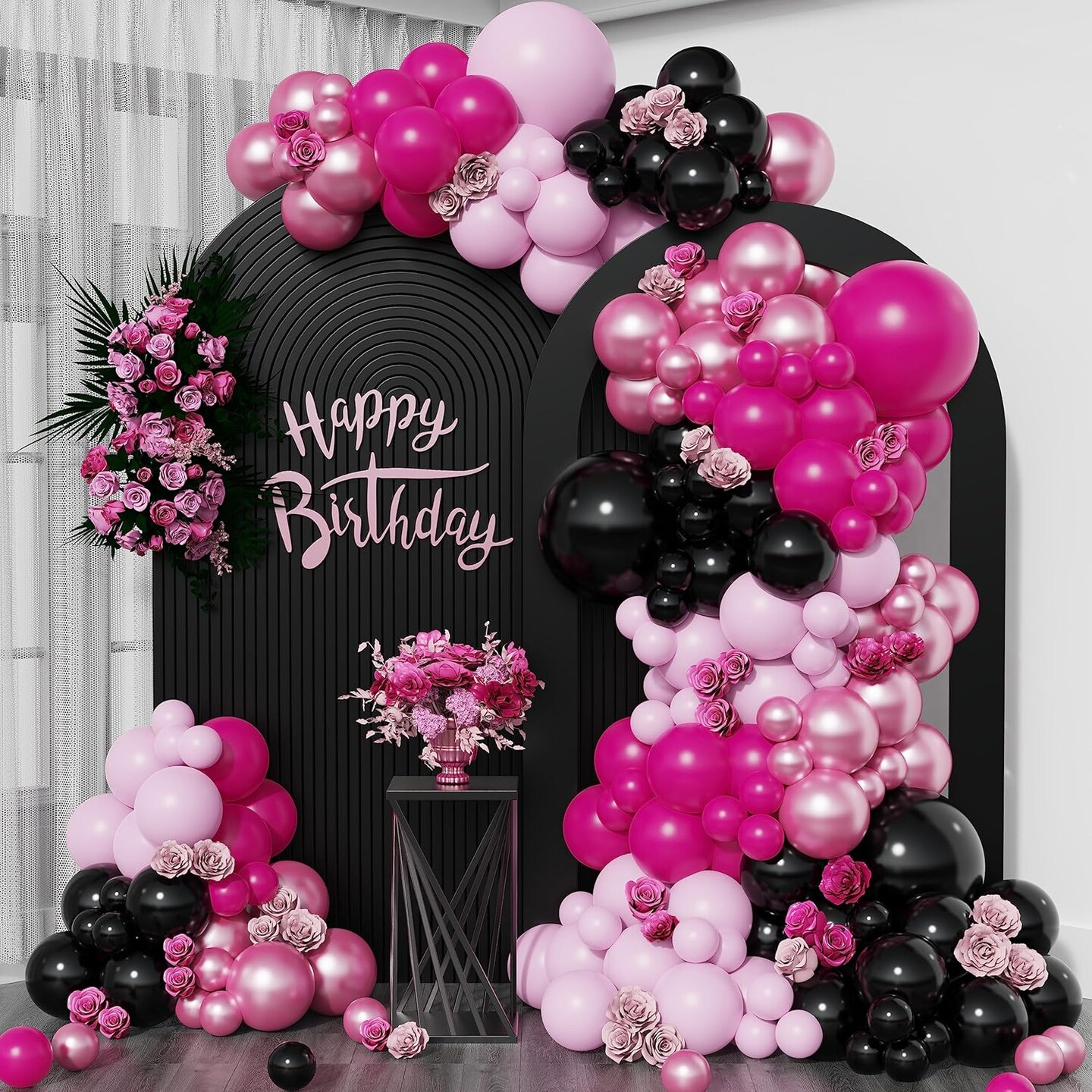 Pink and Black Balloon Garland Arch Kit, 153pcs Black Magenta Baby Pink and Chrome Pink Balloons for Girls Birthday Decoration Sweet 16 Party Supplies Bridal Shower Graduation Decor (Pink)