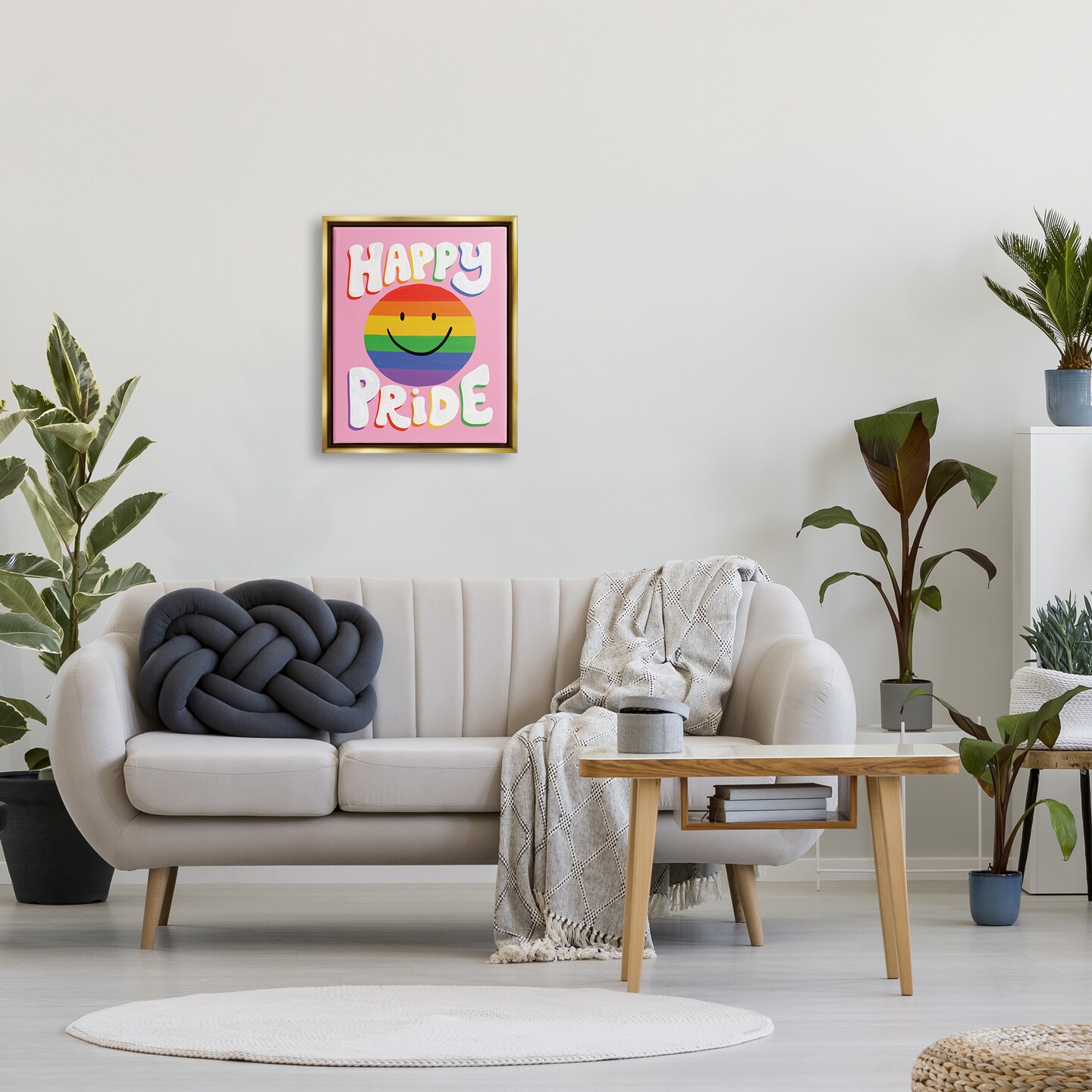 Stupell Industries Happy Pride Rainbow Smiley Black Framed Floater Canvas Wall Art