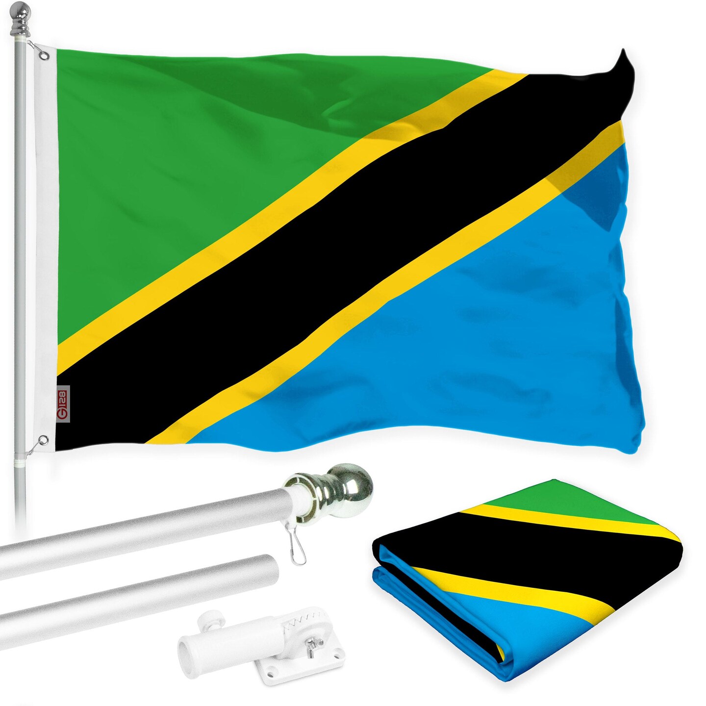 G128 Combo Pack: 6 Ft Tangle Free Aluminum Spinning Flagpole (Silver) & Tanzania Tanzanian Flag 3x5 Ft, LiteWeave Pro Series Printed 150D Polyester | Pole with Flag Included